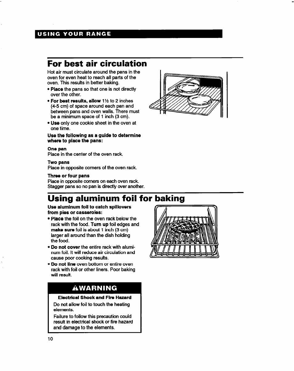 For best air circulation, Using aluminum foil for baking, Electrical shock and fire hazard | Warning | Whirlpool FES310B User Manual | Page 10 / 32