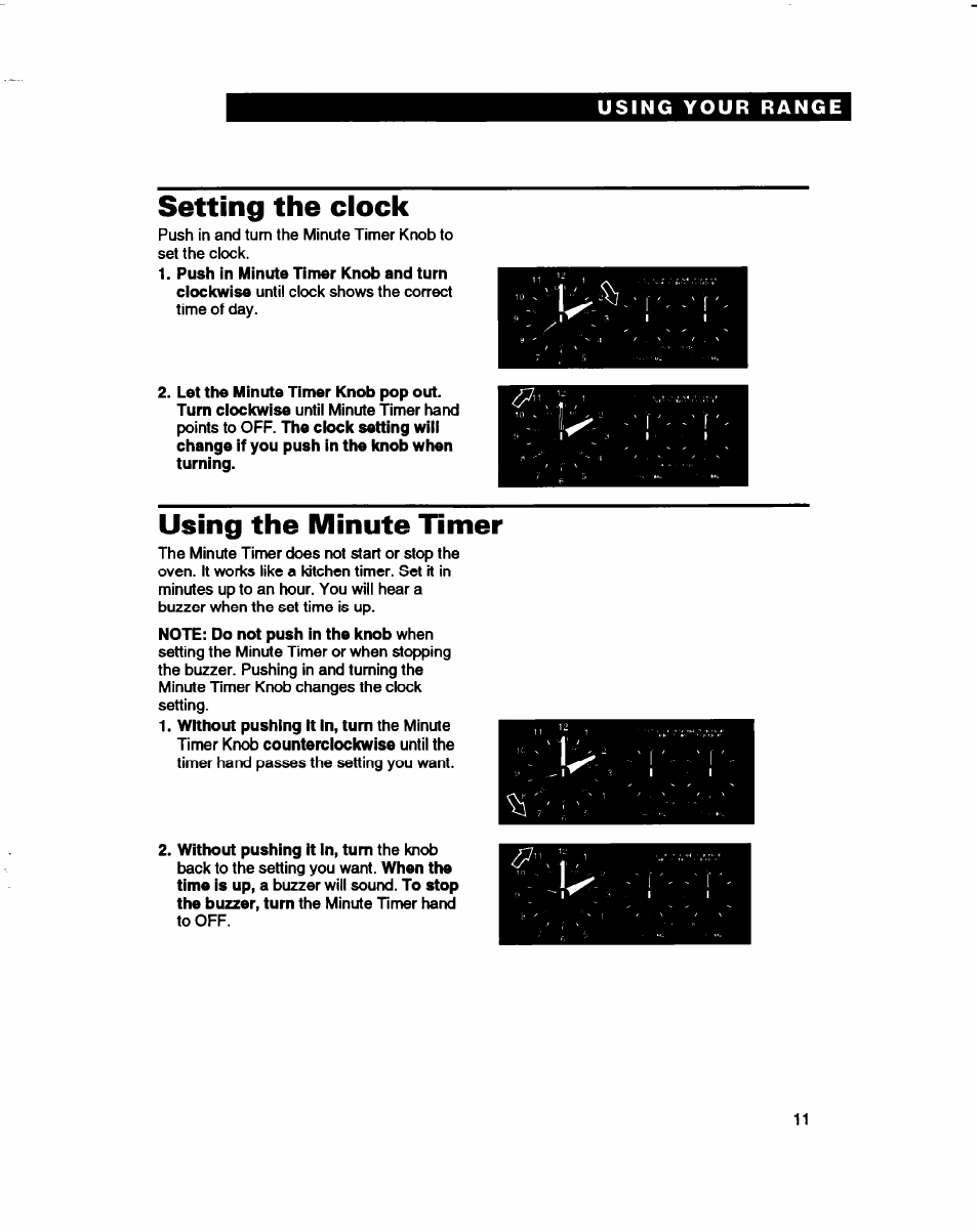 Setting the clock, Using the minute tinier | Whirlpool FES310B User Manual | Page 11 / 32
