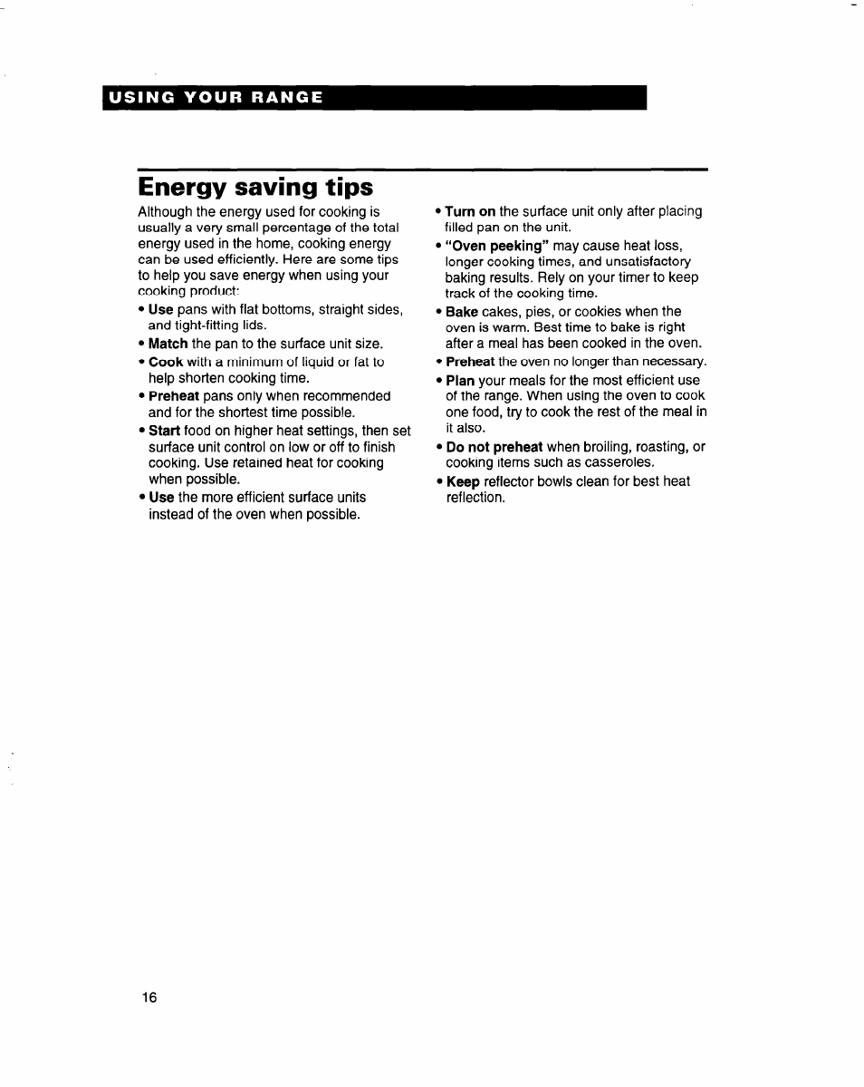 Energy saving tips | Whirlpool FES310B User Manual | Page 16 / 32