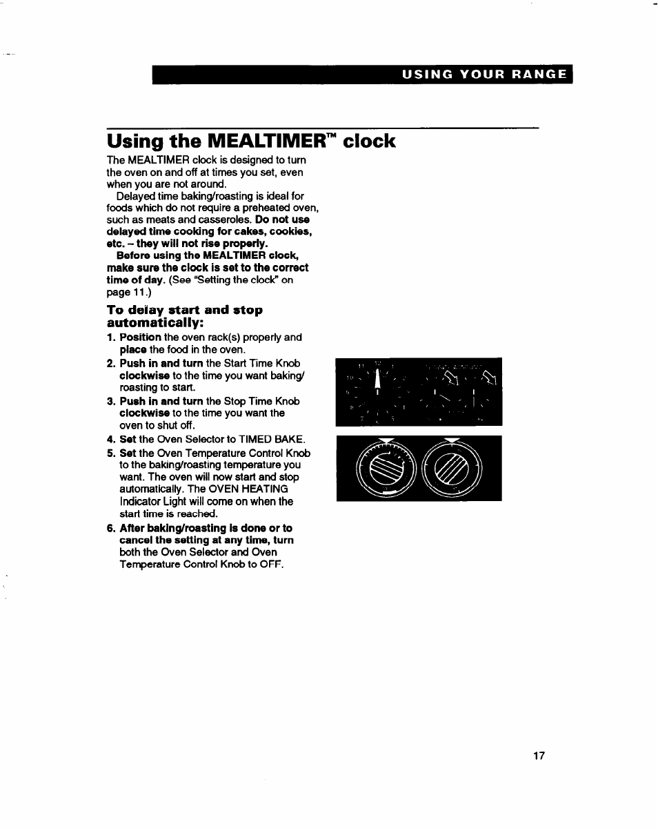 Using the mealtimer^ clock, To delay start and stop automatically | Whirlpool FES310B User Manual | Page 17 / 32