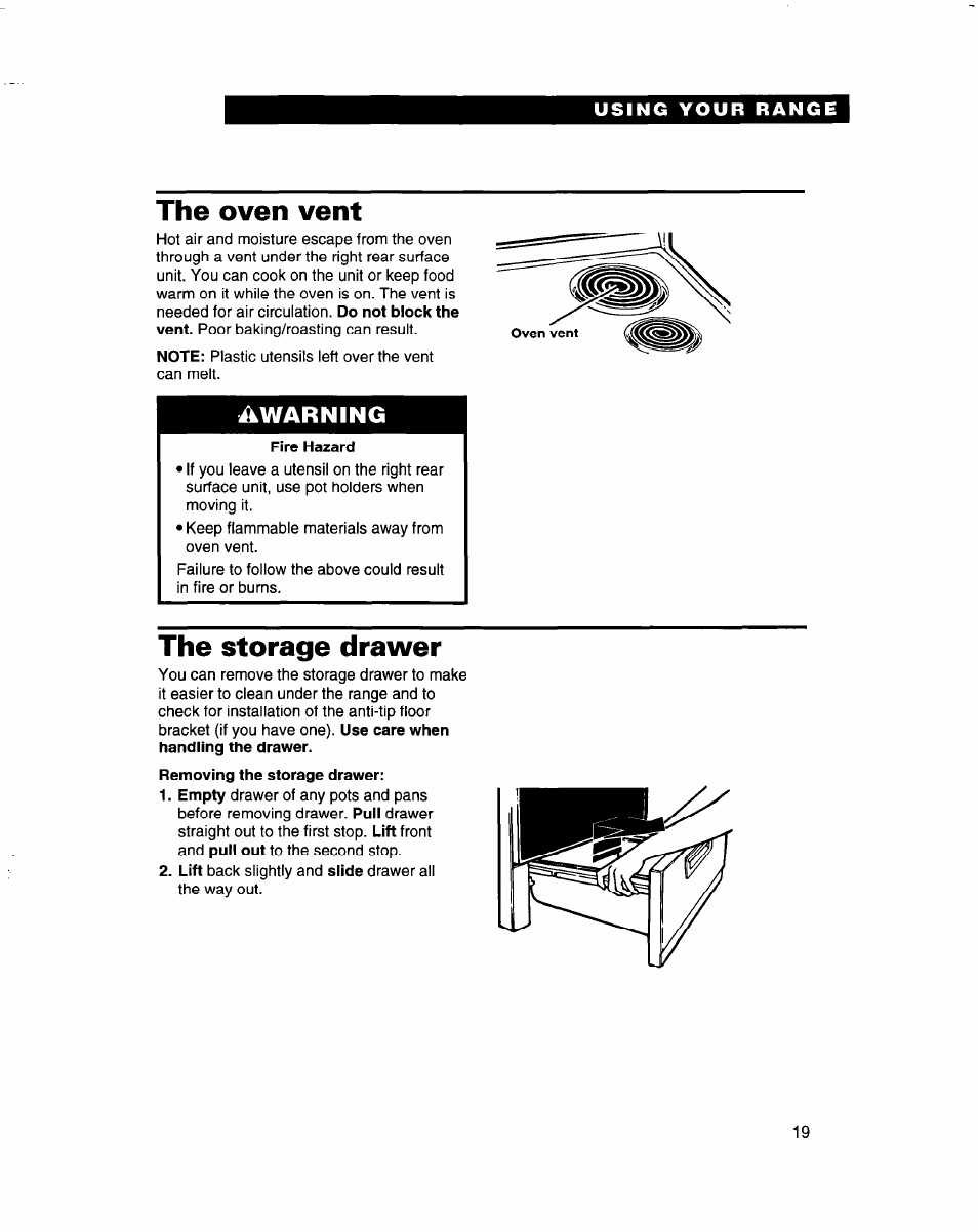 The oven vent, Fire hazard, The storage drawer | Awarning | Whirlpool FES310B User Manual | Page 19 / 32