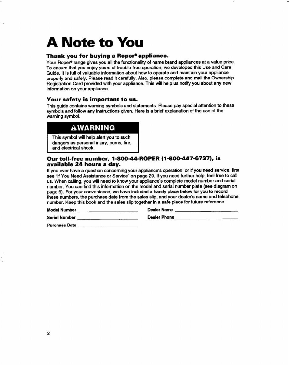 A note to you, Thank you for buying a roper* appliance, Your safety is important to us | Awarning | Whirlpool FES310B User Manual | Page 2 / 32