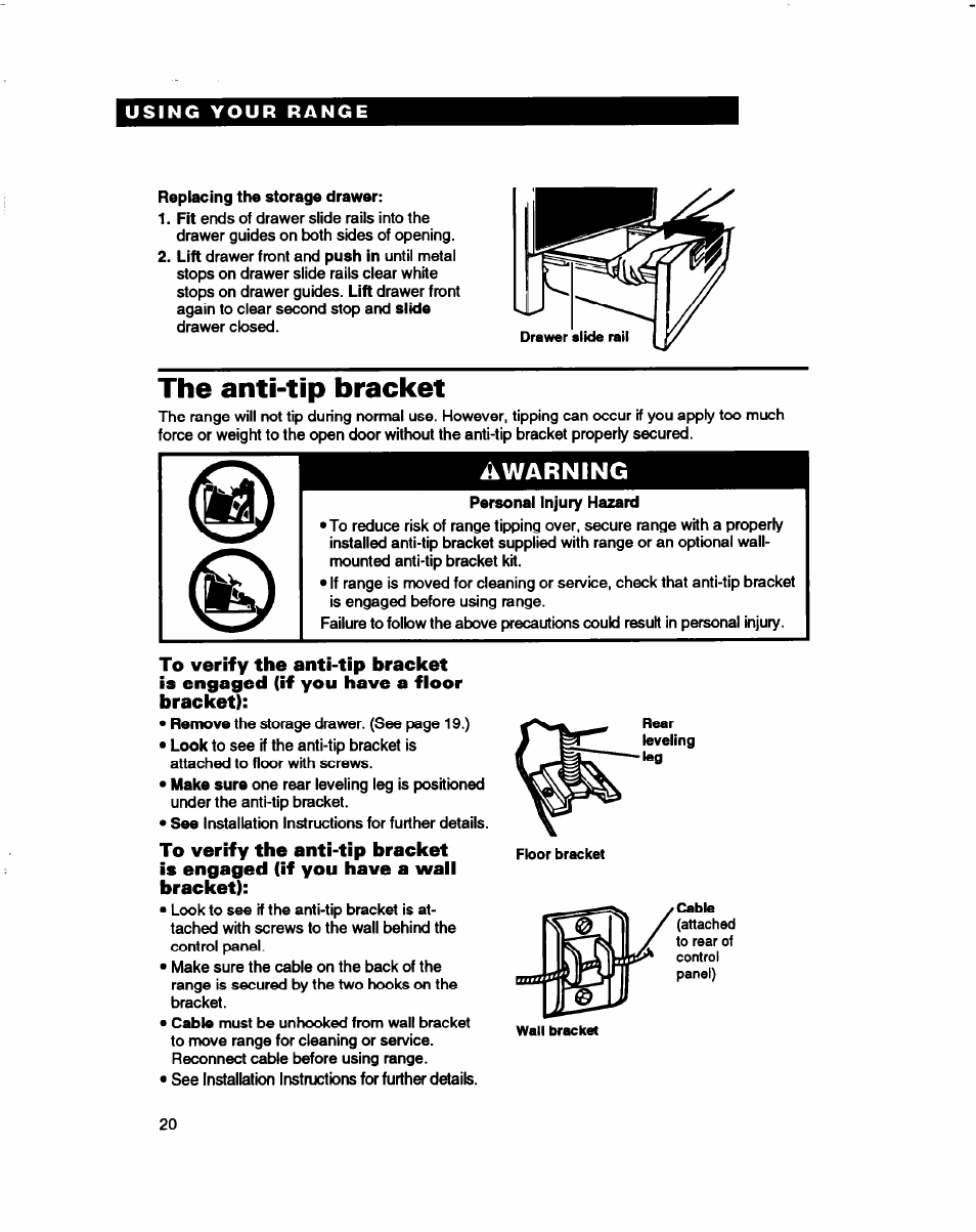 Replacing the storage drawer, The anti-tip bracket, Warning | Whirlpool FES310B User Manual | Page 20 / 32
