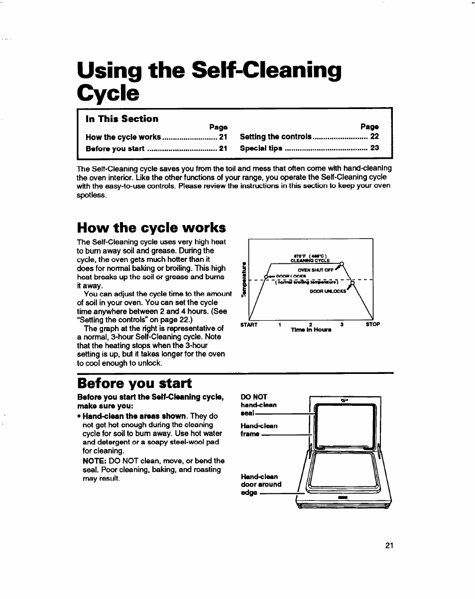 Using the self-cleaning cycle, How the cycle works, Before you start | Using the self- cieaning cycie | Whirlpool FES310B User Manual | Page 21 / 32