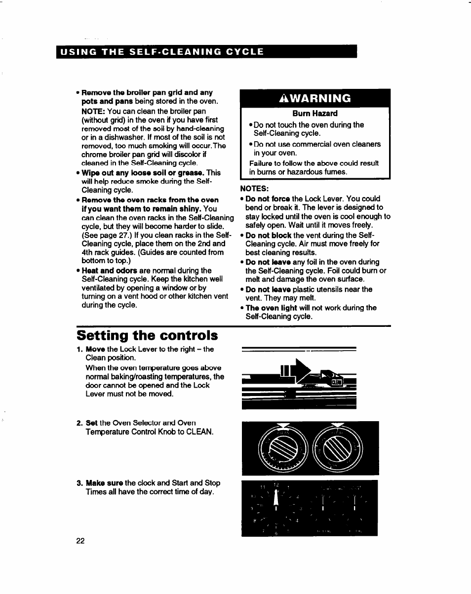 Burn hazard, Notes, Setting the controls | Warning | Whirlpool FES310B User Manual | Page 22 / 32