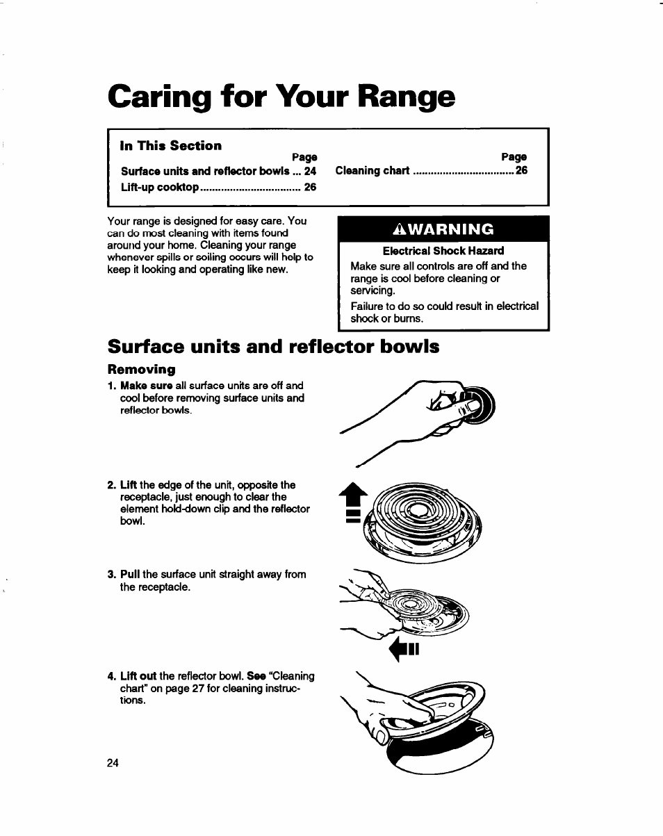 Caring for your range, Electrical shock hazard, Surface units and reflector bowls | Removing, Warning | Whirlpool FES310B User Manual | Page 24 / 32