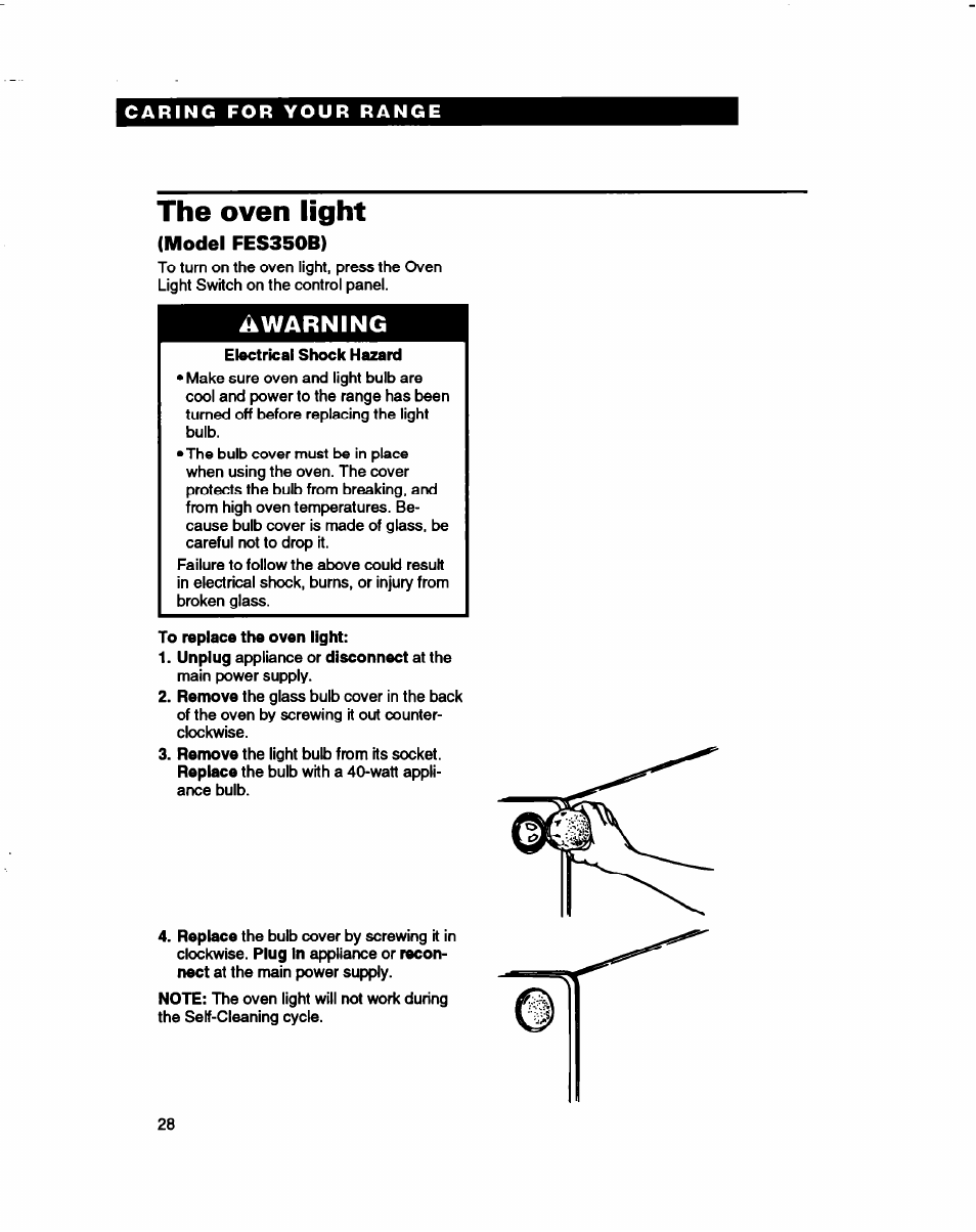 The oven light, Model fes350b), Warning | Whirlpool FES310B User Manual | Page 28 / 32