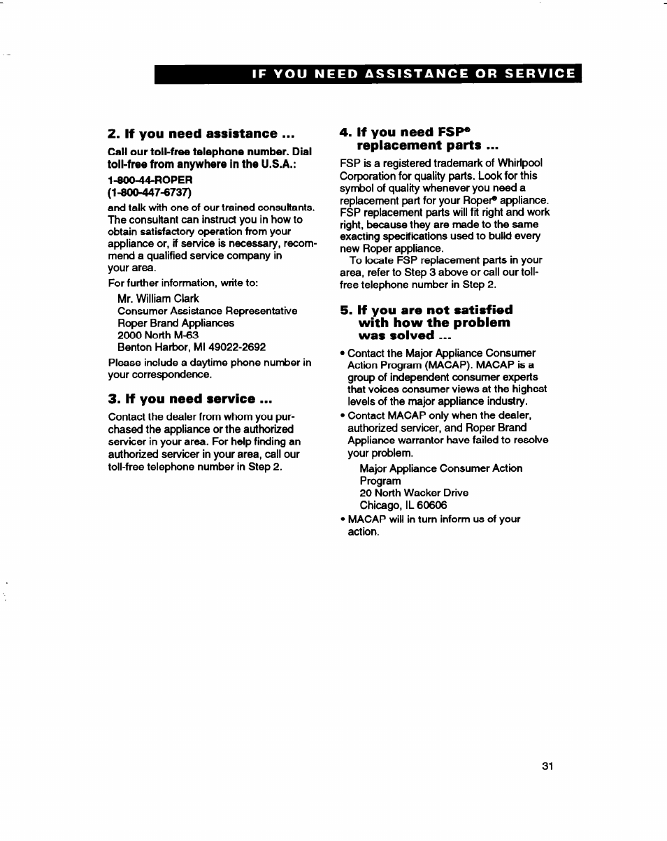 If you need assistance, If you need service, If you need fsp* replacement parts | Whirlpool FES310B User Manual | Page 31 / 32