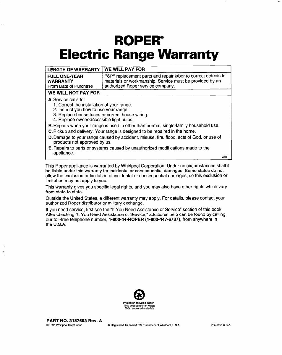 Ropeir, Electric range warranty, Length of warranty we will pay for | Full one-year warranty, We will not pay for, Part no. 3187693 rev. a, Ropeir electric range warranty | Whirlpool FES310B User Manual | Page 32 / 32