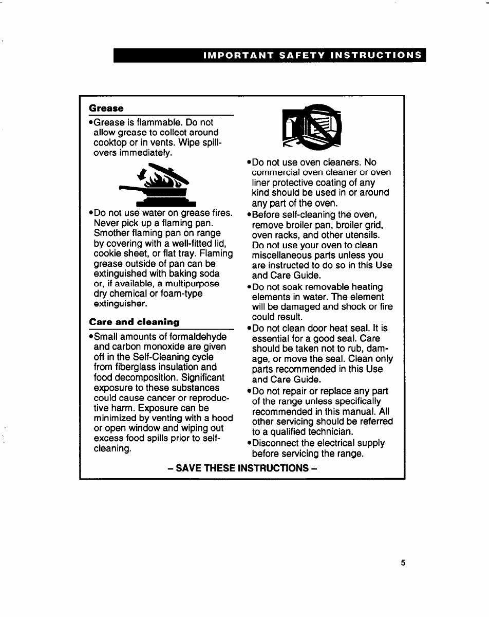 Grease, Care and cleaning, Save these instructions | Whirlpool FES310B User Manual | Page 5 / 32