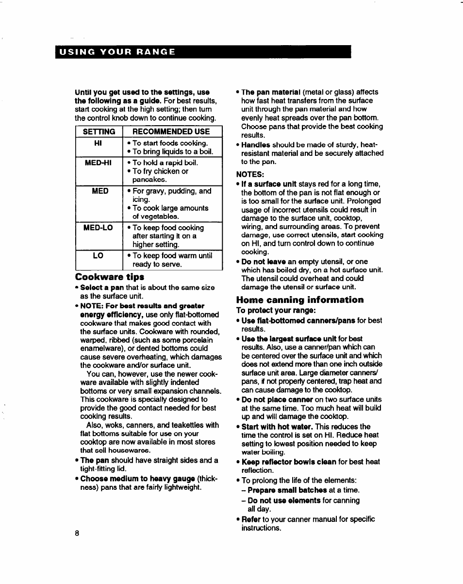 Cookware tips, Home canning information | Whirlpool FES310B User Manual | Page 8 / 32