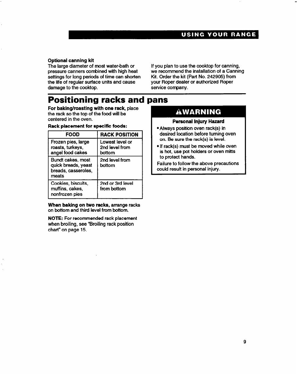 Positioning racks and pans, Warning | Whirlpool FES310B User Manual | Page 9 / 32