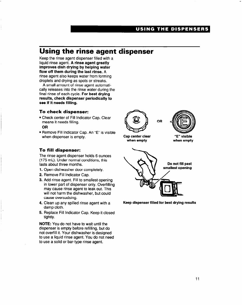 Using the rinse agent dispenser, To check dispenser, To fill dispenser | Whirlpool 960 Series User Manual | Page 11 / 27