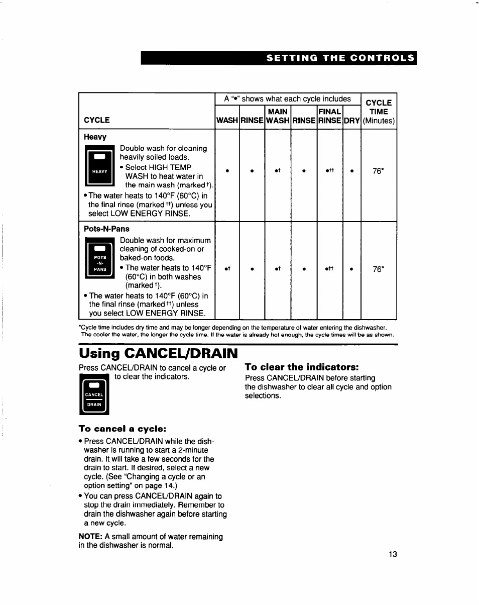 Using cancel7drain, To clear the indicators, To cancel a cycle | Using canceudrain | Whirlpool 960 Series User Manual | Page 13 / 27