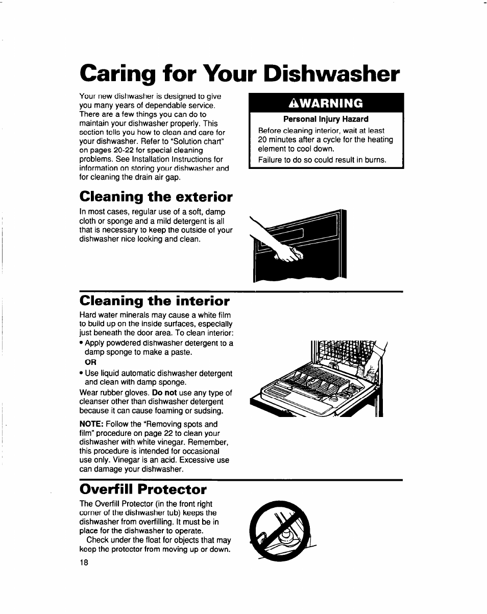 Caring for your dishwasher, Cleaning the exterior, Cleaning the interior | Overfill protector, Warning | Whirlpool 960 Series User Manual | Page 18 / 27