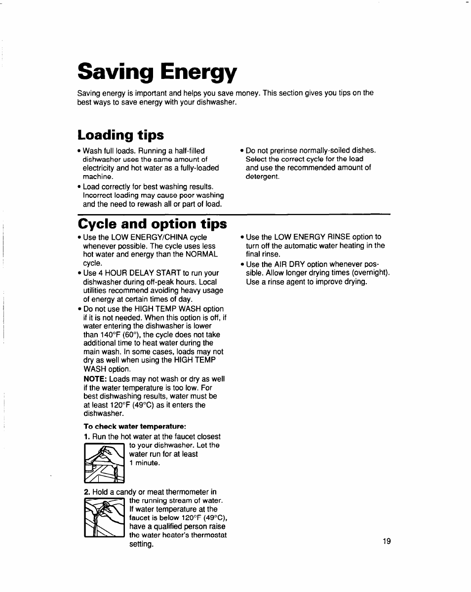 Saving energy, Loading tips, Cycle and option tips | Whirlpool 960 Series User Manual | Page 19 / 27