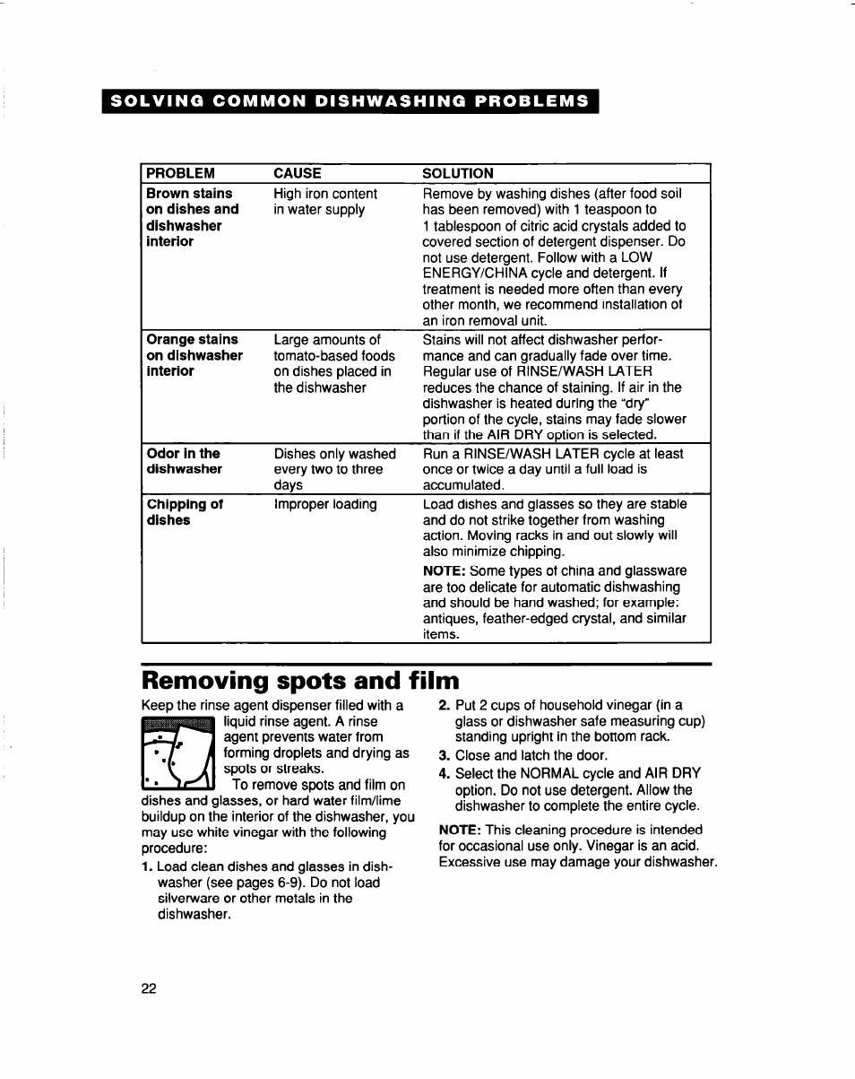 Removing spots and film | Whirlpool 960 Series User Manual | Page 22 / 27