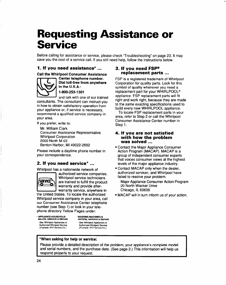 Requesting assistance or service, If you need assistance, If you need service | If you need fsp® replacement parts, Requesting assistance, Or service | Whirlpool 960 Series User Manual | Page 24 / 27