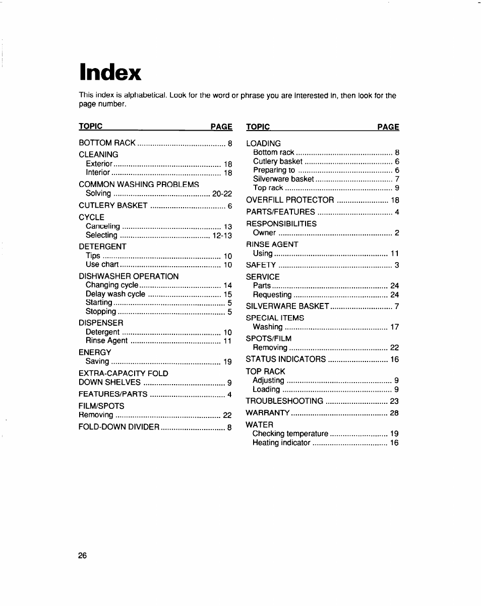 Index | Whirlpool 960 Series User Manual | Page 25 / 27