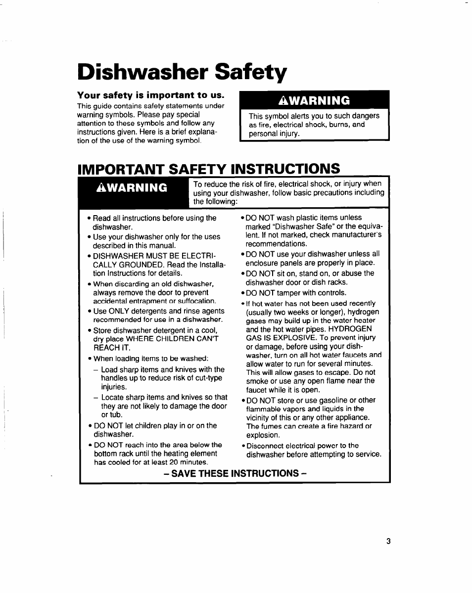 Dishwasher safety, Your safety is important to us, Save these instructions | Important safety instructions, Awarning | Whirlpool 960 Series User Manual | Page 3 / 27