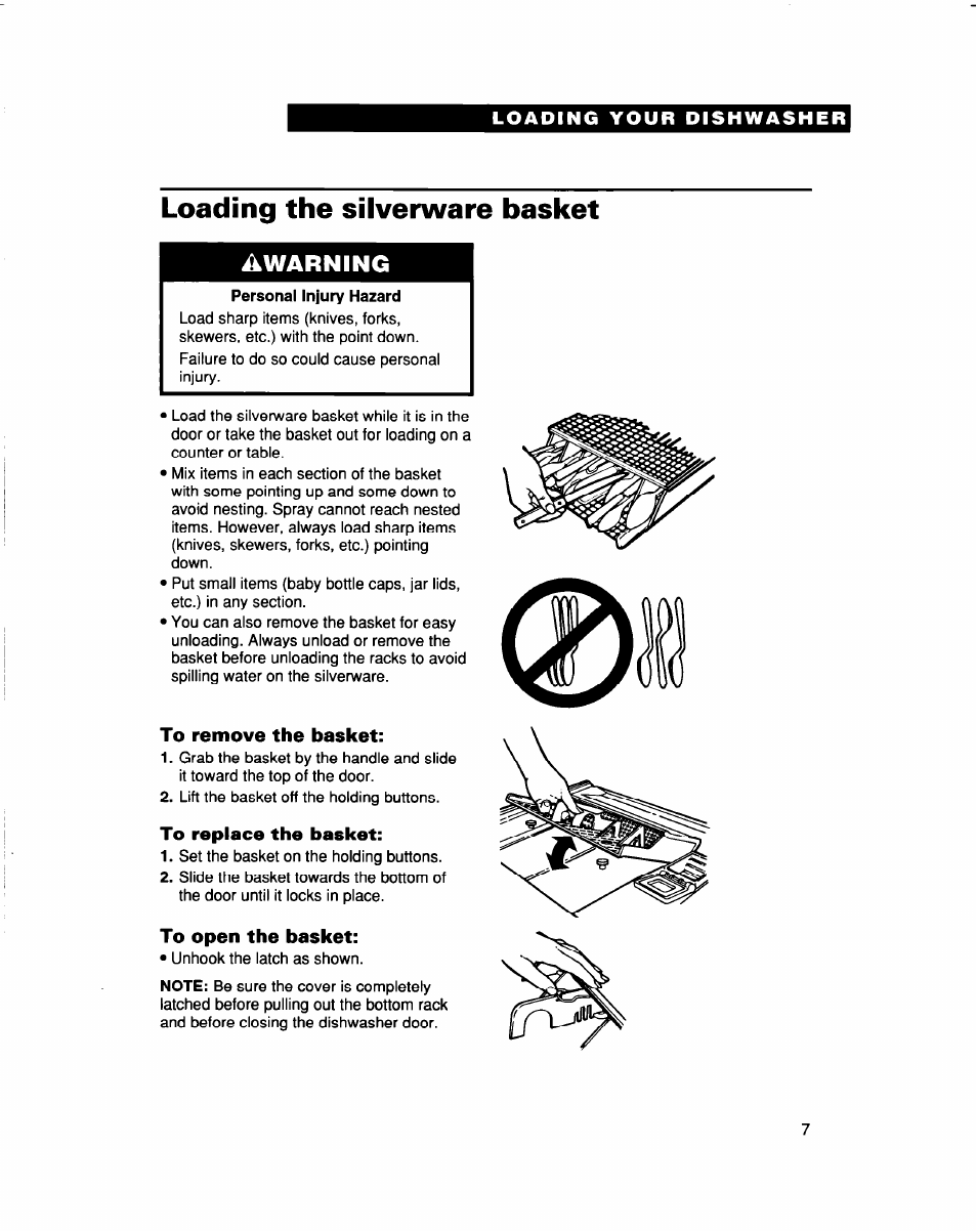 Loading the silverware basket, To remove the basket, To replace the basket | To open the basket, Awarning | Whirlpool 960 Series User Manual | Page 7 / 27