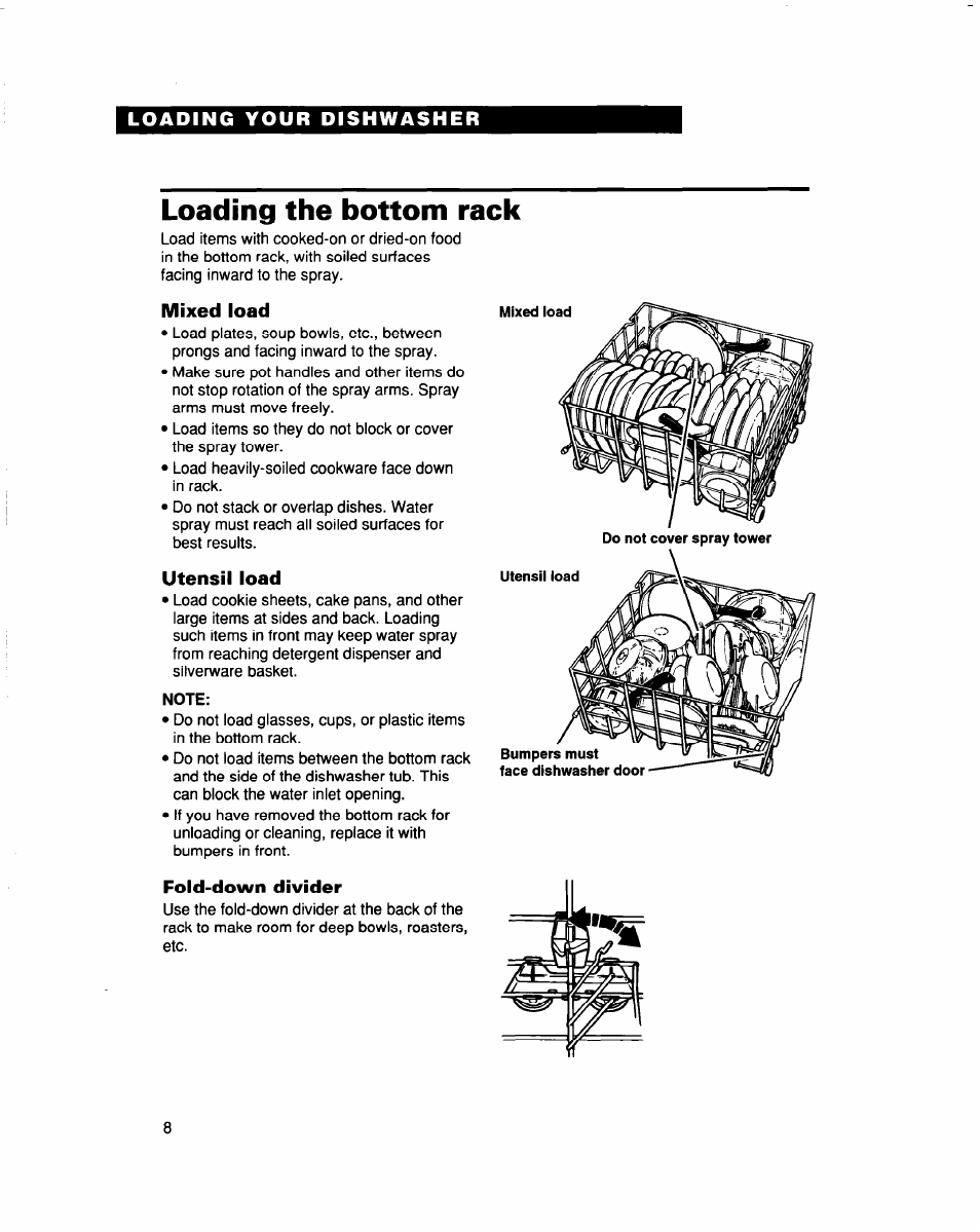 Loading the bottom rack, Mixed load, Utensil load | Fold-down divider | Whirlpool 960 Series User Manual | Page 8 / 27