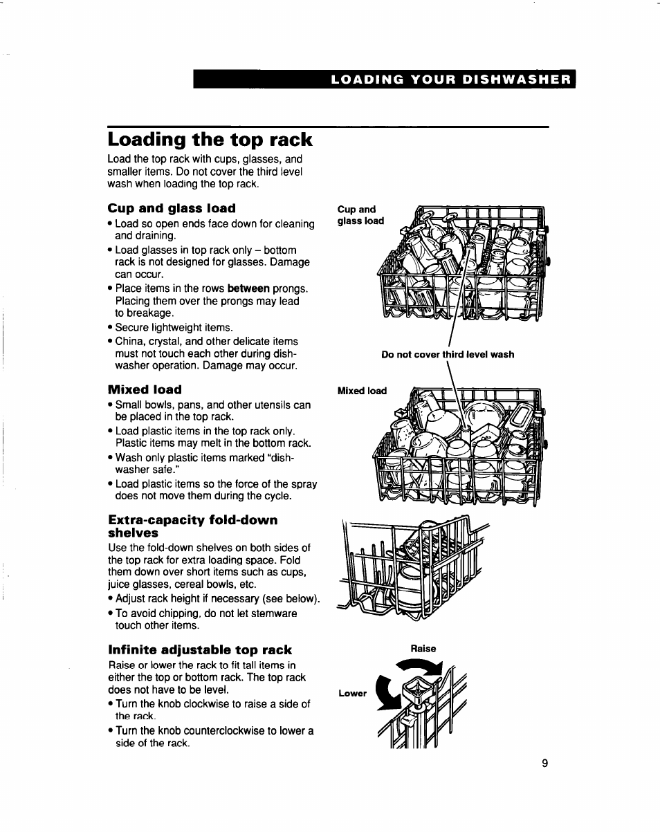 Loading the top rack, Cup and glass load, Mixed load | Extra-capacity fold-down shelves, Infinite adjustable top rack | Whirlpool 960 Series User Manual | Page 9 / 27
