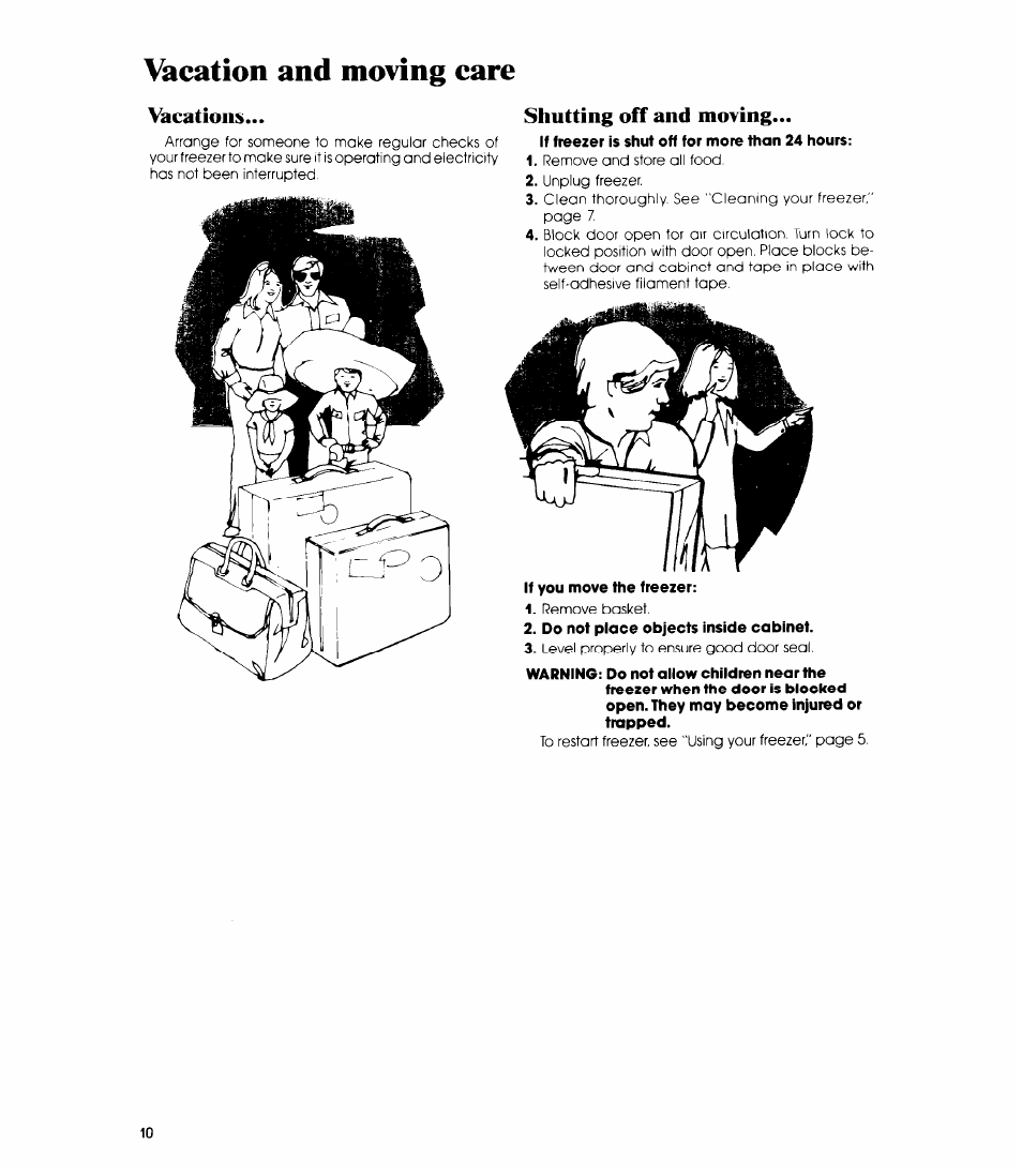 Vacation and moving care, Vacations, Shutting off and moving | Whirlpool EVZOON User Manual | Page 10 / 12