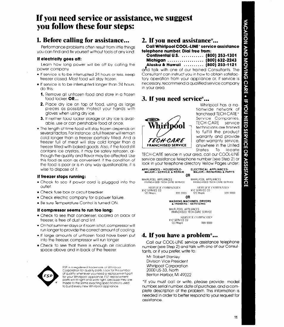 Before calling for assistance, If you need assistanee, If you need service | If you have a problem, Rfc^-ga^f, Whirlpool | Whirlpool EVZOON User Manual | Page 11 / 12