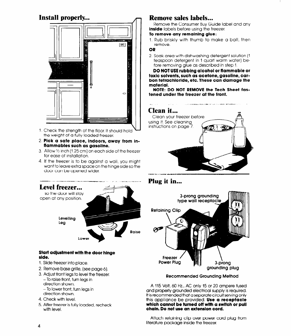 Level freezer, Remove sales labels, Plug it in | Whirlpool EVZOON User Manual | Page 4 / 12