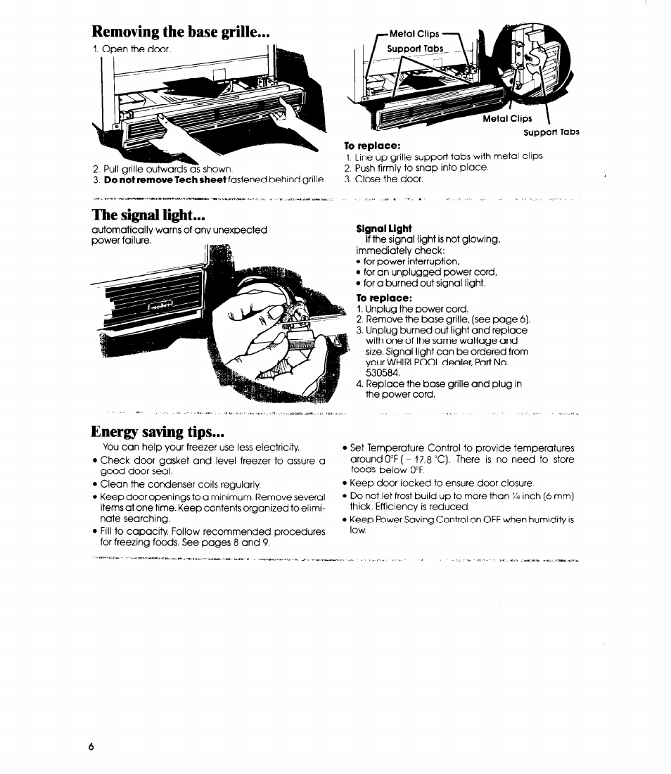 Removing the base grille, The signal light, Energy saving tips | Whirlpool EVZOON User Manual | Page 6 / 12