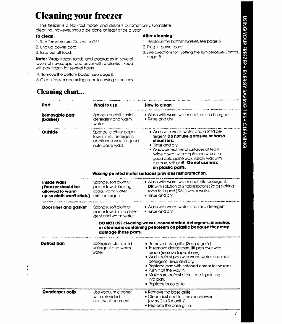 Cleaning your freezer, Cleaning chart | Whirlpool EVZOON User Manual | Page 7 / 12