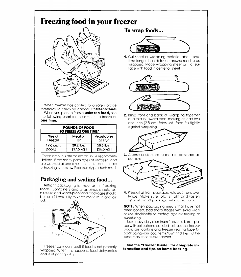 Freezing food in your freezer, Packaging and sealing food | Whirlpool EVZOON User Manual | Page 8 / 12