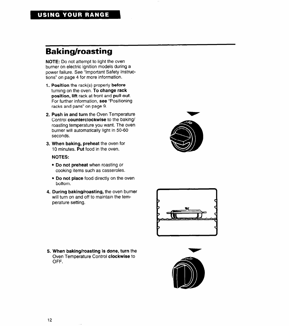 Baking/roasting, Notes, When baking/roasting is done, turn the | Whirlpool FGP320A User Manual | Page 12 / 28