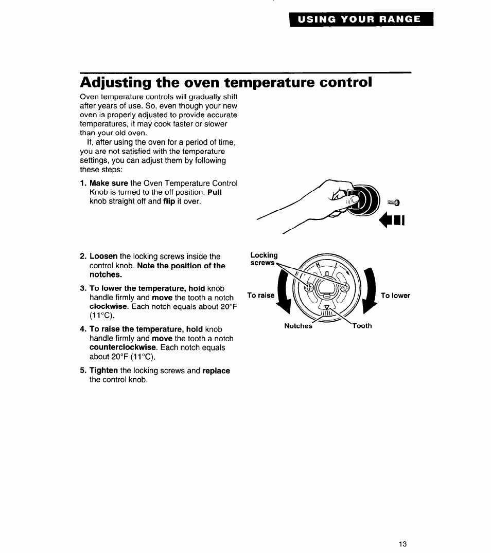 Adjusting the oven temperature control, Adjusting the oven temperature controi | Whirlpool FGP320A User Manual | Page 13 / 28