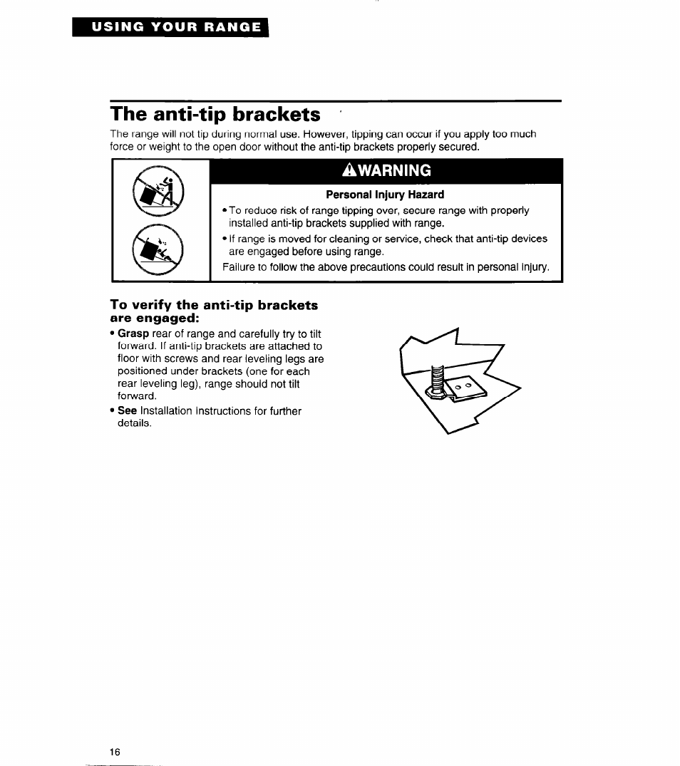 The anti-tip brackets, To verify the anti-tip brackets are engaged | Whirlpool FGP320A User Manual | Page 16 / 28
