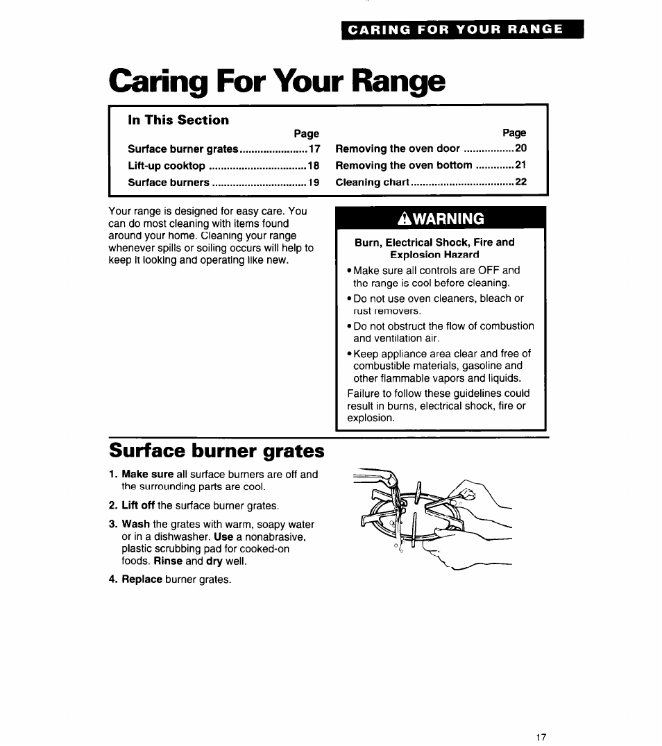 Caring for your range, Burn, electrical shock, fire and explosion hazard, Surface burner grates | Caring for your, Range | Whirlpool FGP320A User Manual | Page 17 / 28