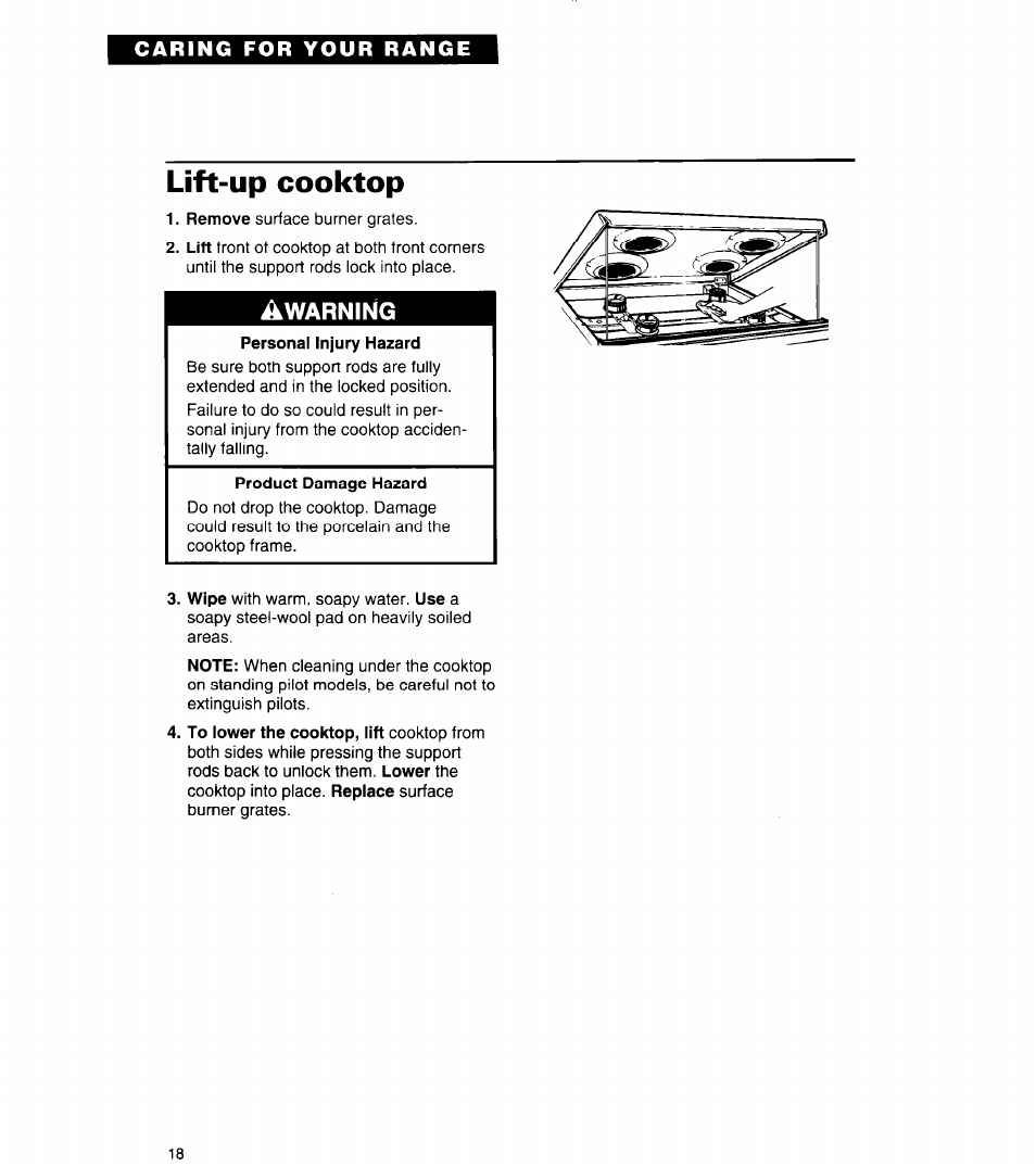 Lift-up cooktop, Product damage hazard | Whirlpool FGP320A User Manual | Page 18 / 28