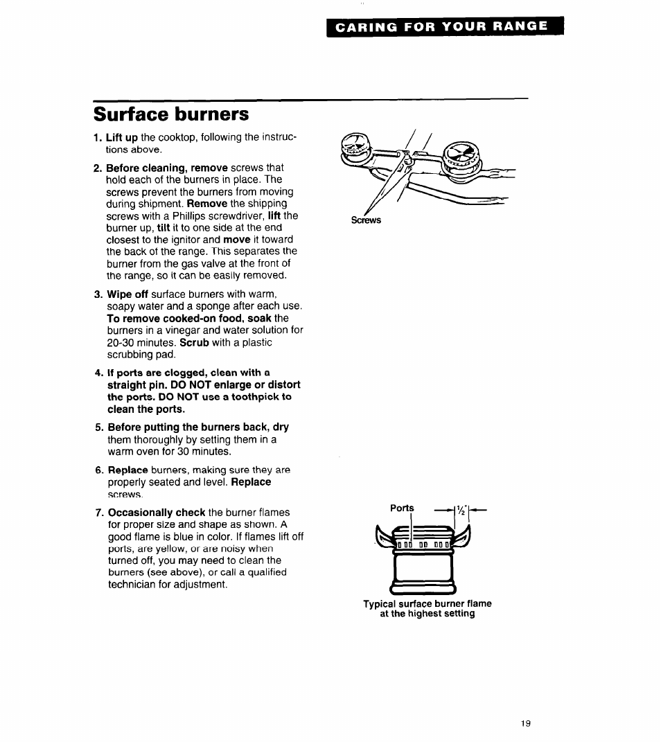Surface burners, Before putting the burners back, dry | Whirlpool FGP320A User Manual | Page 19 / 28