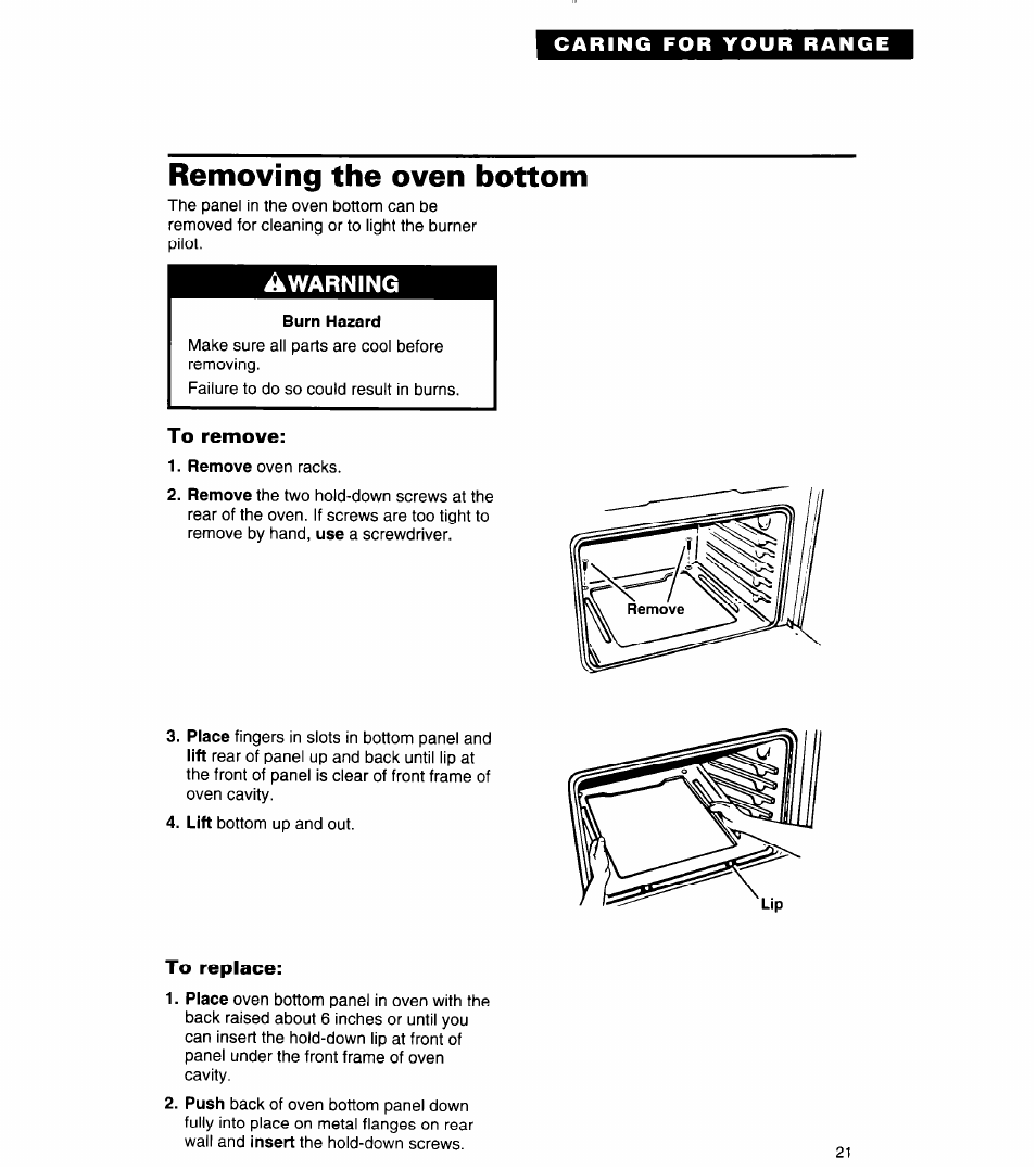 Removing the oven bottom, Burn hazard, To remove | To replace | Whirlpool FGP320A User Manual | Page 21 / 28