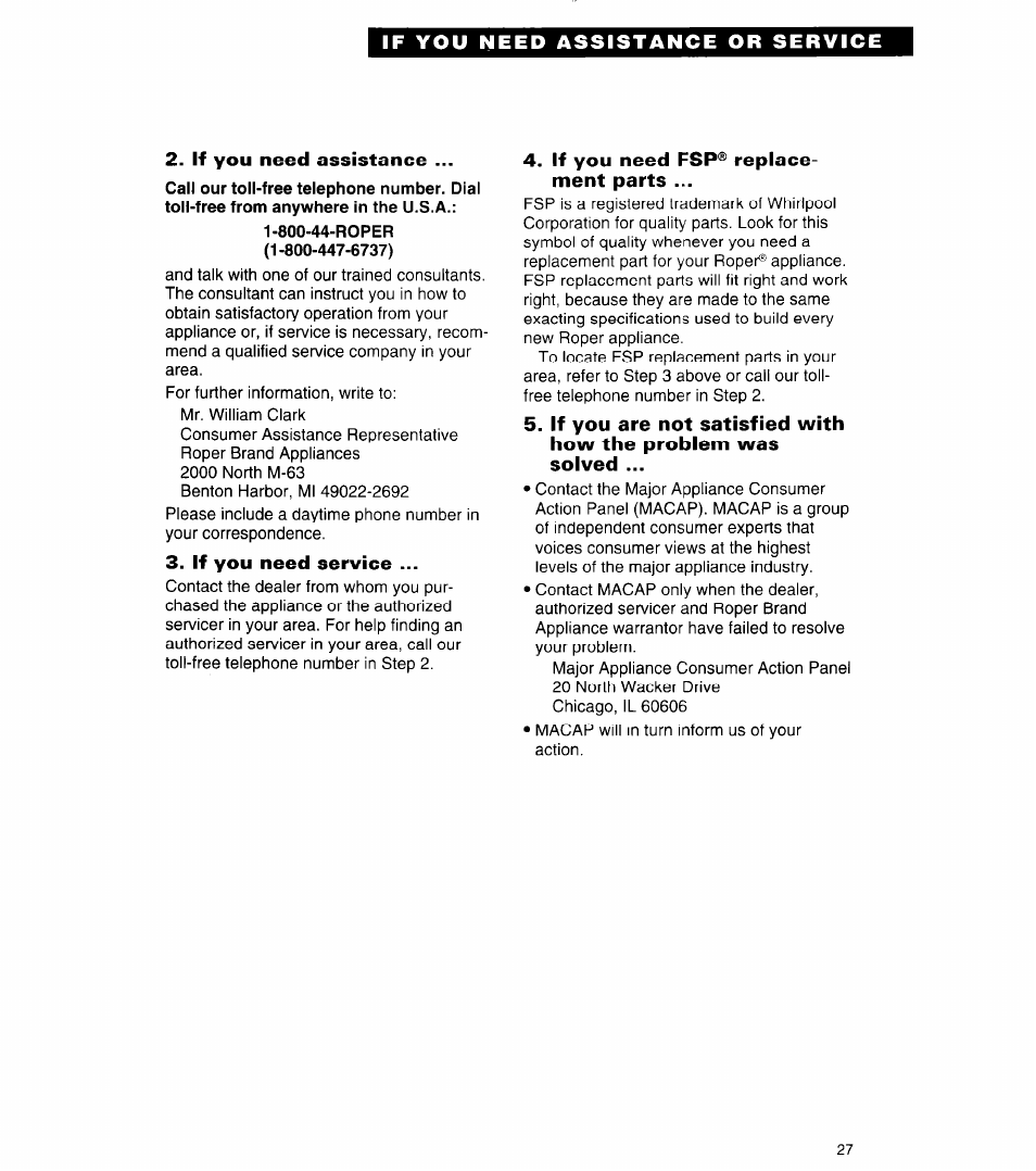 If you need assistance, 800-44-roper, If you need service | If you need fsp® replacement parts | Whirlpool FGP320A User Manual | Page 27 / 28