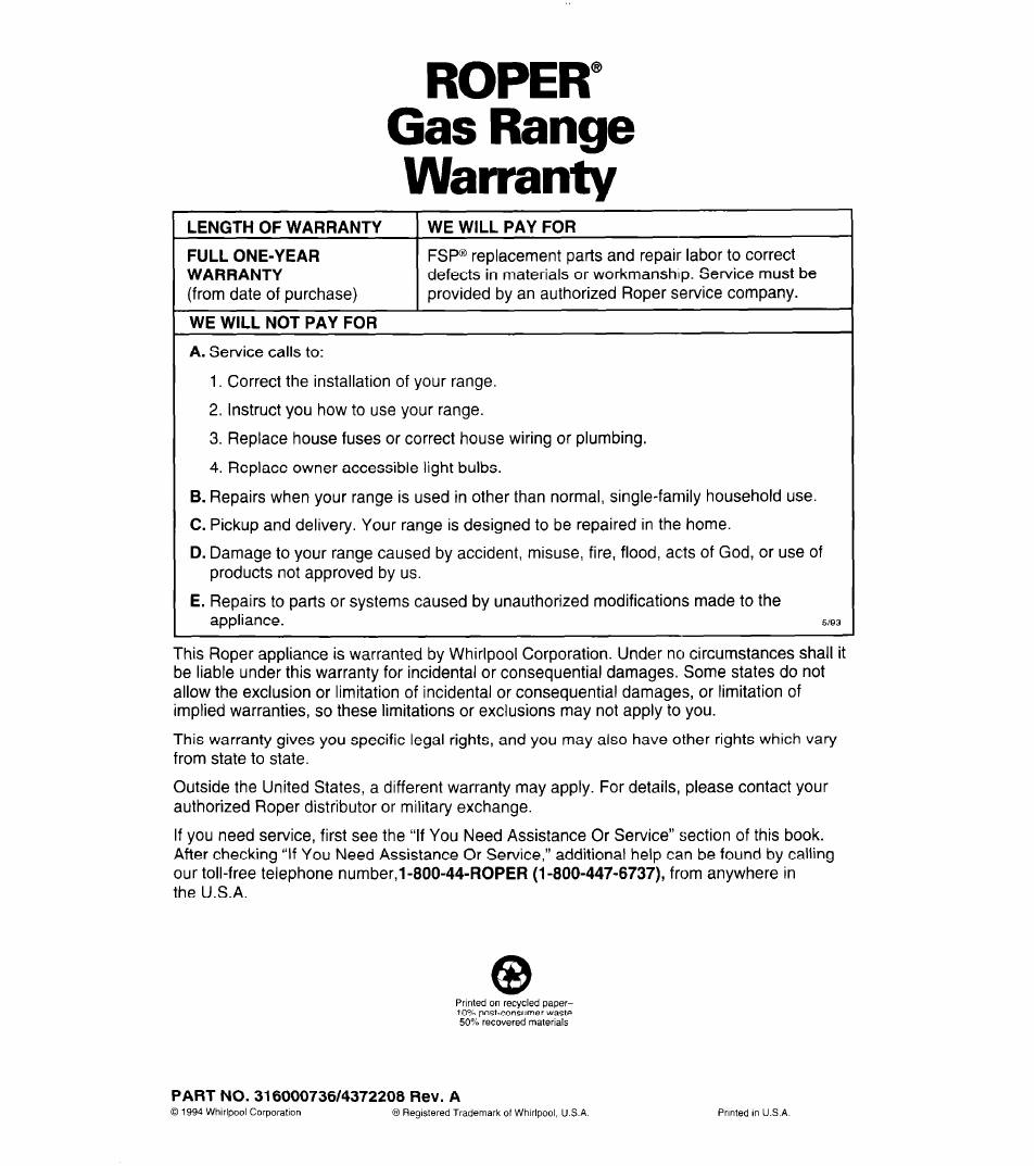Roper^ gas range warranty, Length of warranty, We will pay for | Full one-year warranty, We will not pay for, Part no. 316000736/4372208 rev. a | Whirlpool FGP320A User Manual | Page 28 / 28