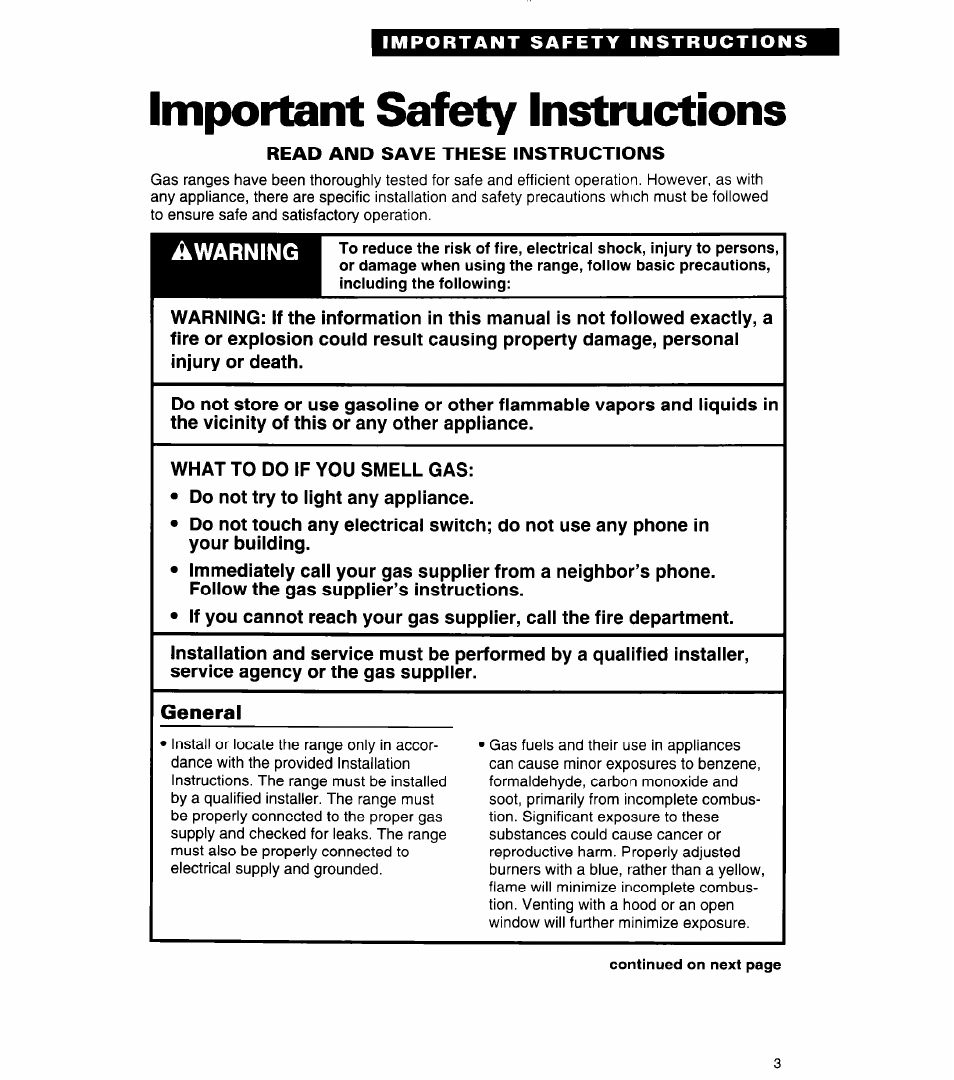 Important safety instructions, Read and save these instructions, General | Important safety, Instructions | Whirlpool FGP320A User Manual | Page 3 / 28