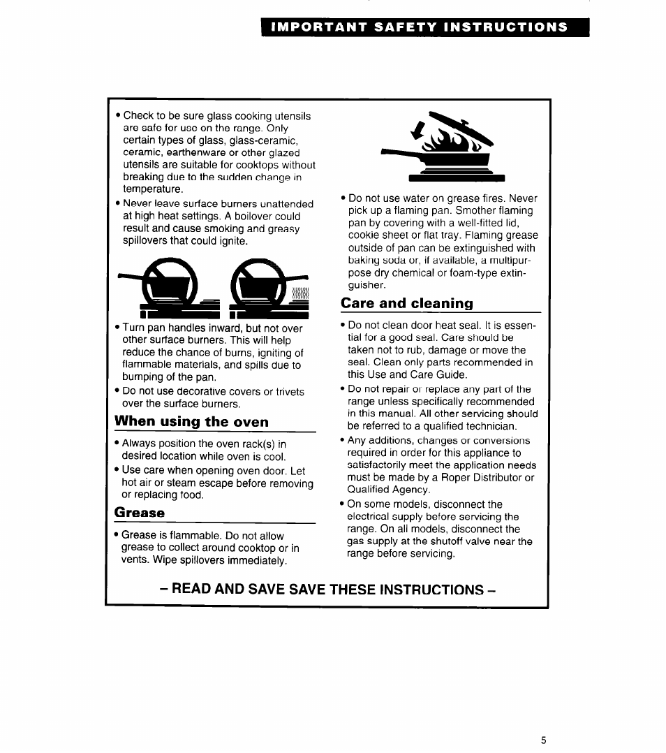 When using the oven, Grease, Care and cleaning | Read and save save these instructions | Whirlpool FGP320A User Manual | Page 5 / 28