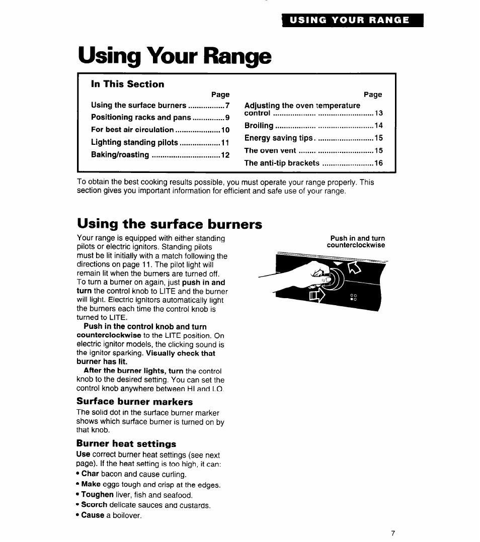 Using your range, In this section, Using the surface burners | Surface burner markers, Burner heat settings | Whirlpool FGP320A User Manual | Page 7 / 28