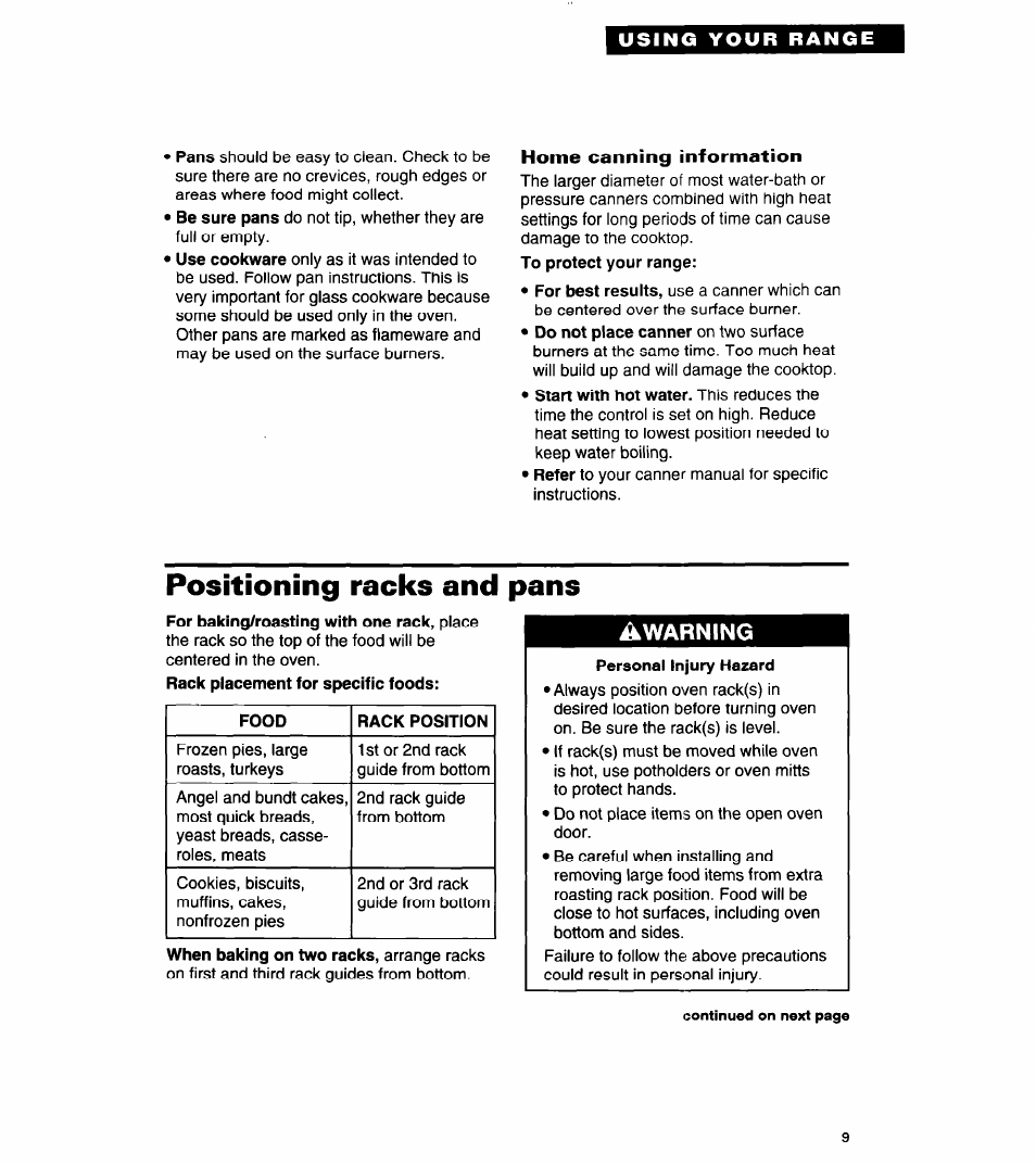 Home canning information, Positioning racks and pans | Whirlpool FGP320A User Manual | Page 9 / 28