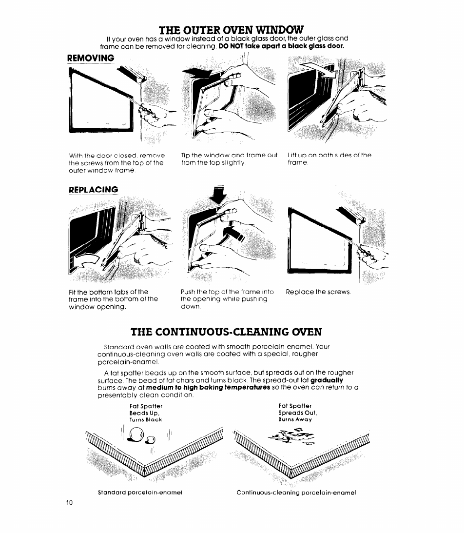 Removing, Replacing, The outer oven window | The continuous-cleaning oven | Whirlpool RB220PXK User Manual | Page 10 / 16