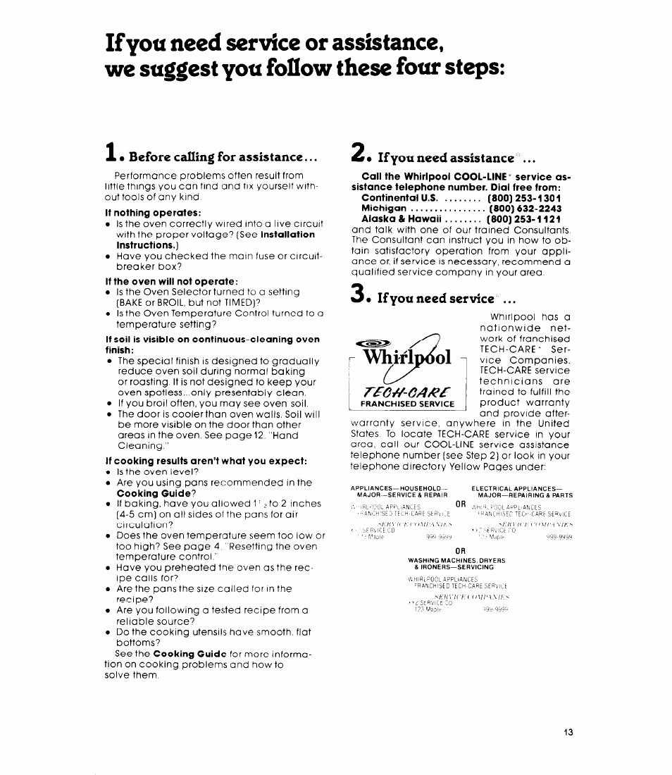 X • before calling for assistance, If you need assistance, 3* ifyou need service | Ifyou need service, Vhirlp<iol | Whirlpool RB220PXK User Manual | Page 13 / 16