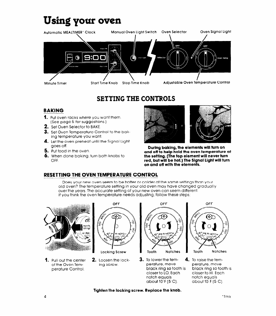 Baking, Resetting the oven temperature control, Using your oven | Setting the controls | Whirlpool RB220PXK User Manual | Page 4 / 16