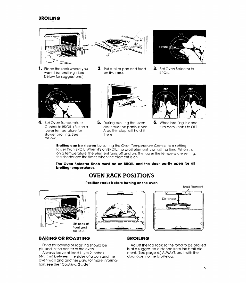 Broiling, Baking or roasting, Oven rack positions | Whirlpool RB220PXK User Manual | Page 5 / 16